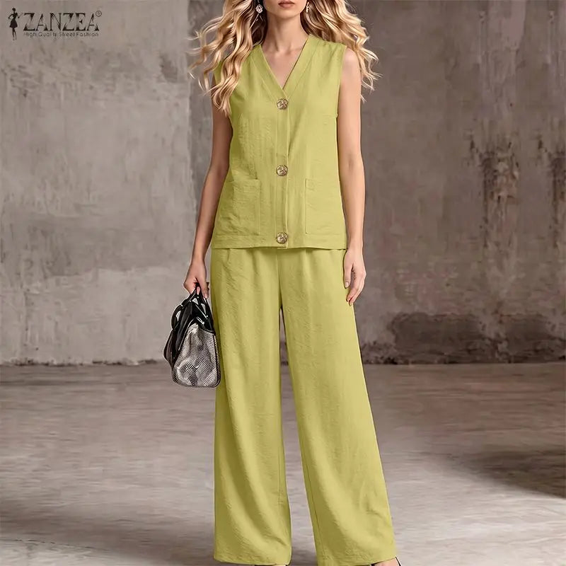 ZANZEA Fashion Women 2 Pieces Sets V Neck Buttons -Up Tanks Tops Trousers Suit Summer 2PCS Outfits Elegant OL Work Pant Sets