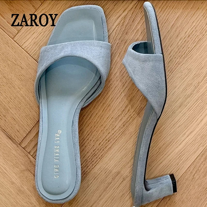 Casual Pull On Square High Heel Slippers Women Summer Footwear Suede Light Blue Backless Slide Brand Designer Party Dress Shoes