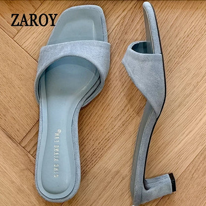Casual Pull On Square High Heel Slippers Women Summer Footwear Suede Light Blue Backless Slide Brand Designer Party Dress Shoes