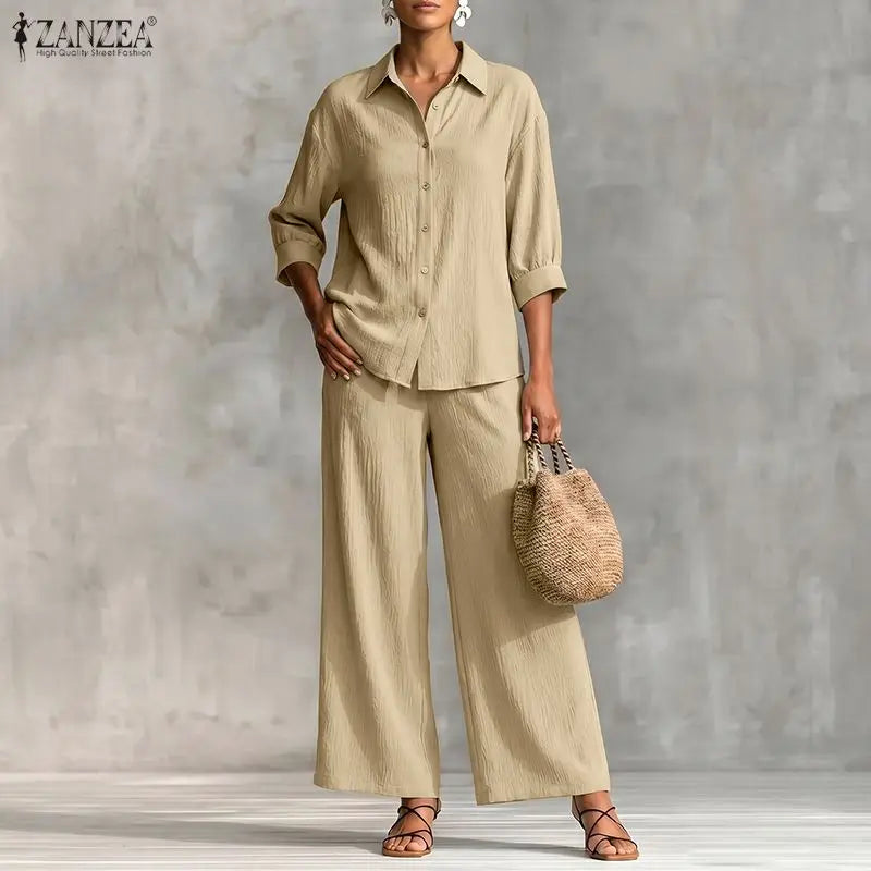 ZANZEA Plus Size 5XL Women Crinkled Fabric Pant Sets 3/4 Sleeve Shirt & Wide Leg Pant 2-Piece Sets Autumn Daily Casual Co-ords