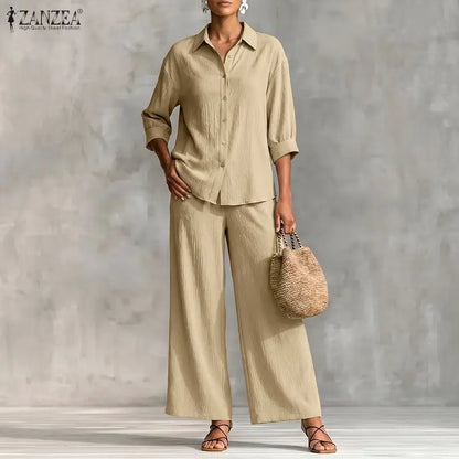 ZANZEA Plus Size 5XL Women Crinkled Fabric Pant Sets 3/4 Sleeve Shirt & Wide Leg Pant 2-Piece Sets Autumn Daily Casual Co-ords