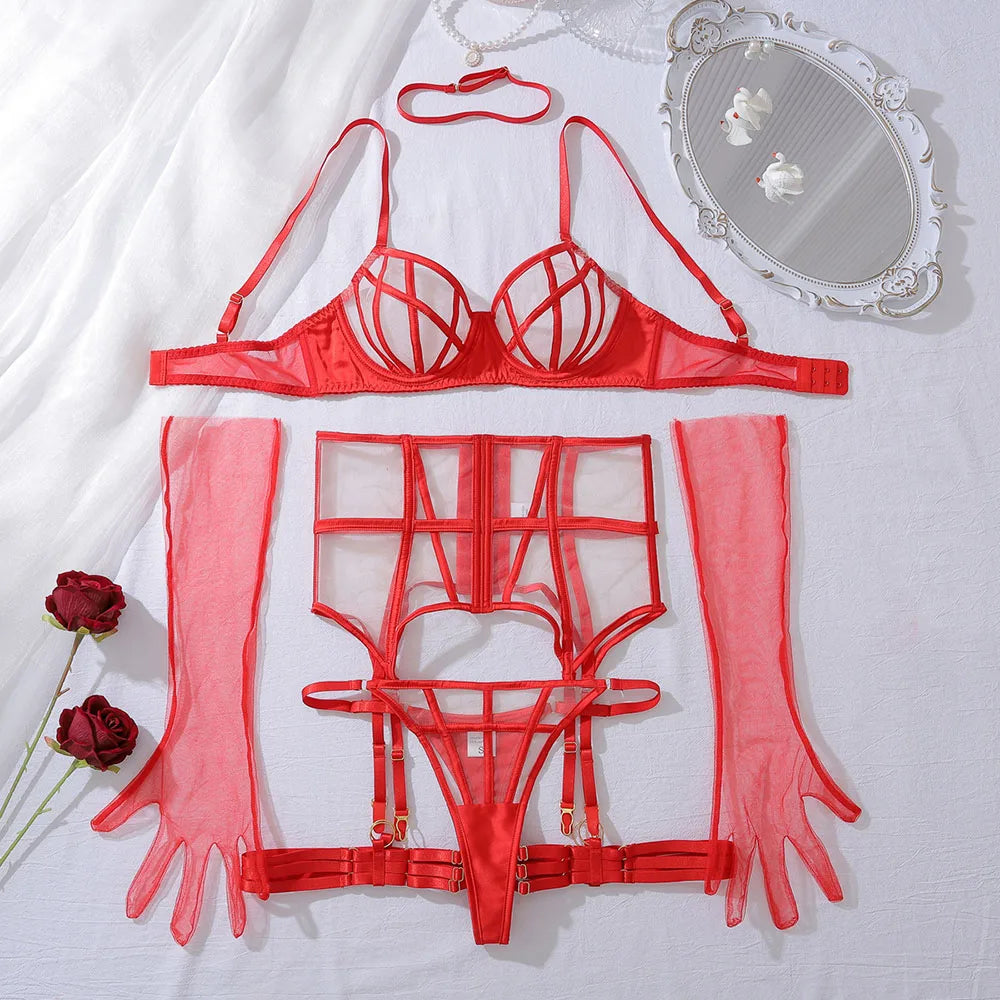 Sexy Lingerie Suit For Ladies Leopard See Through Mesh Pusp Up Bra and Panty with Garter Belts Gloves Choker Underwear