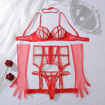 Sexy Lingerie Suit For Ladies Leopard See Through Mesh Pusp Up Bra and Panty with Garter Belts Gloves Choker Underwear