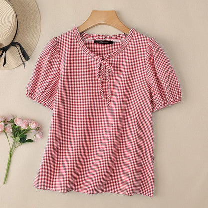 ZANZEA Woman Gingham Check Blouses Lace-Up Keyhole Ruffled Trim O-Neck Puff Short Sleeve Tops Summer Daily Casual Blusas Mujer