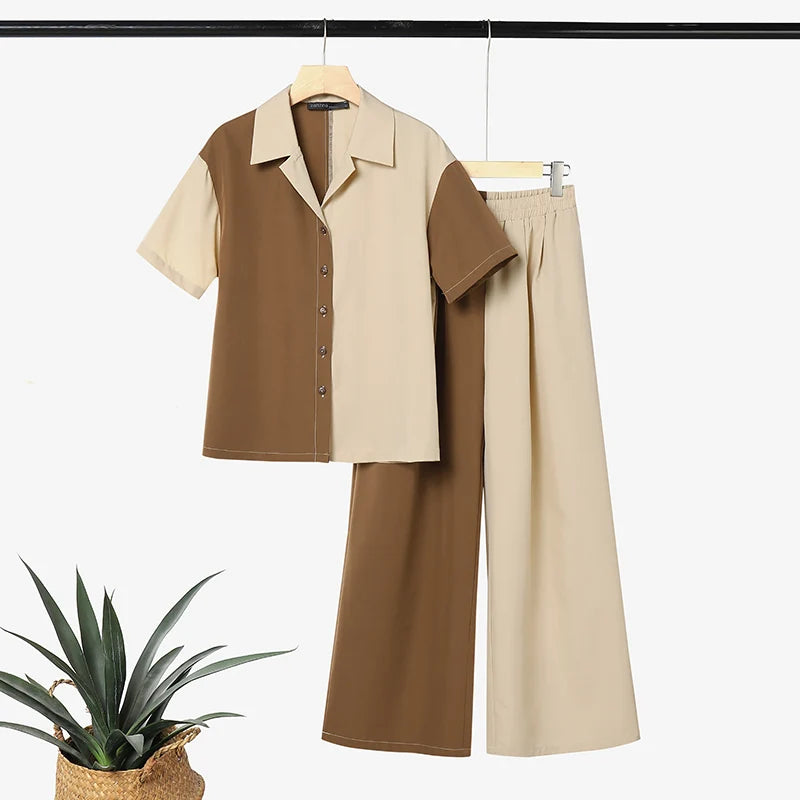 ZANZEA Stylish Lapel Neck Short Sleeve Shirt Wide Leg Pant Sets Summer 2 Pieces Sets Women Patchwork Outfit OL Work Tracksuits