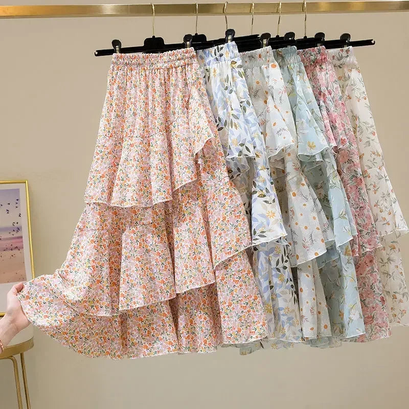 Hot Sale Floral Skirt Women New Summer 2025 Sweet Ruffled A-line Chiffon Long Skirt Woman Korean Clothing