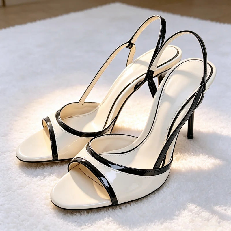 Concise White Black Detail Ankle Strap Heeled Sandals Women Summer Elegant Stiletto Heels for Ladies Faux Leather Designer Shoes