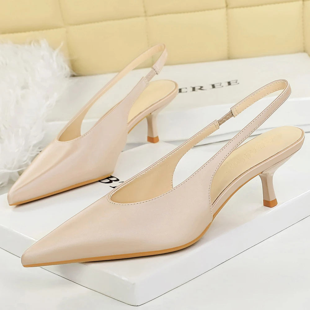 BIGTREE Shoes Kitten High Heels Women Pumps Stiletto Heels 5 cm Pointed Toe Middle Heel Shoes Rear Empty Rear Strap Women Shoes