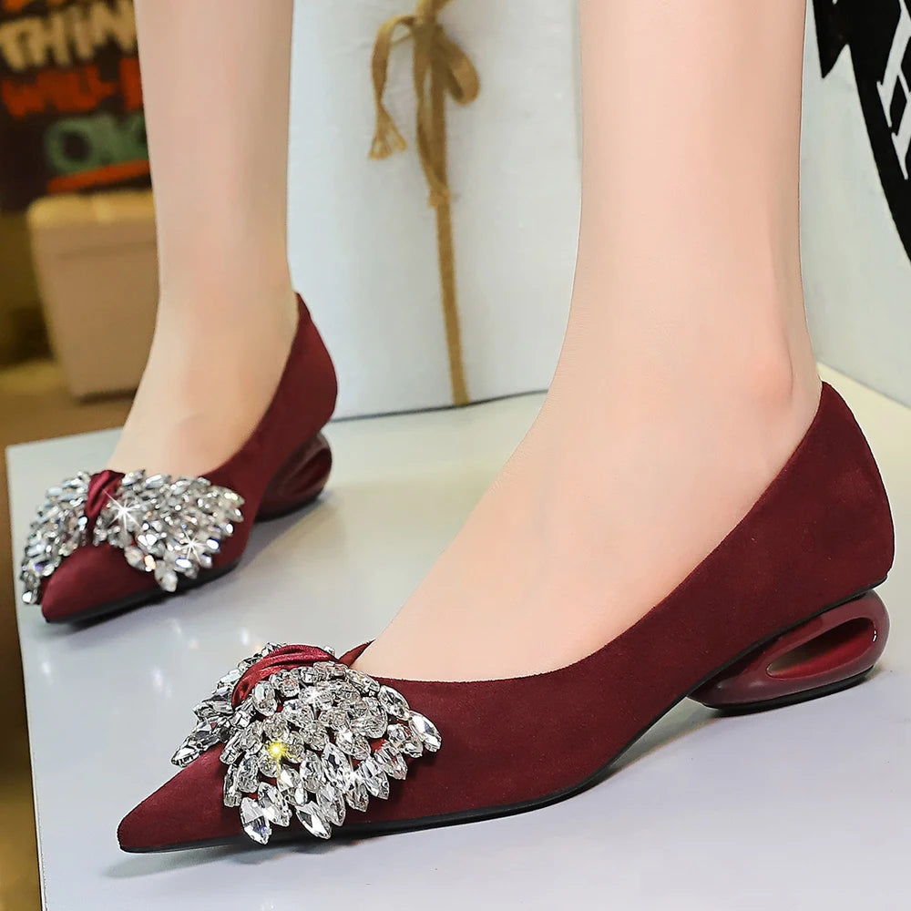BIGTREE Shoes Rhinestone Bow Low Heeled Women's Shoes Hollow Heel Design Women Pumps Professional Suede Office Shoes Fashion