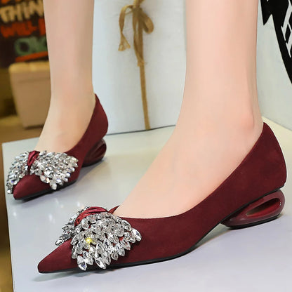 BIGTREE Shoes Rhinestone Bow Low Heeled Women's Shoes Hollow Heel Design Women Pumps Professional Suede Office Shoes Fashion