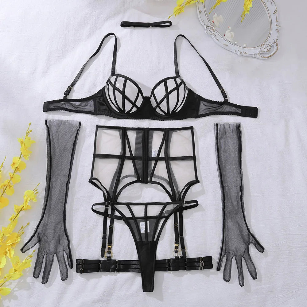 Sexy Lingerie Suit For Ladies Leopard See Through Mesh Pusp Up Bra and Panty with Garter Belts Gloves Choker Underwear