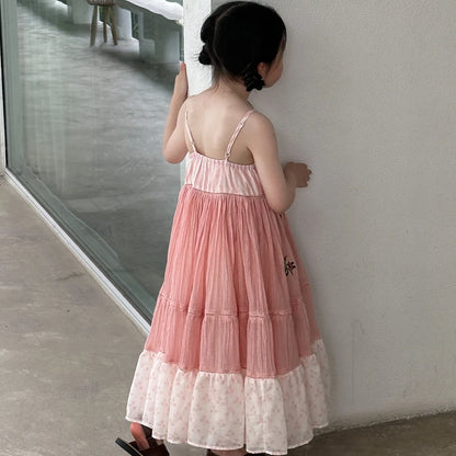 Teen Girls Floral Embroidery Sling Maxi Dress Kids Summer Sleeveless Strap Long Dress Children Holiday Beach Sundress 2-15 Years