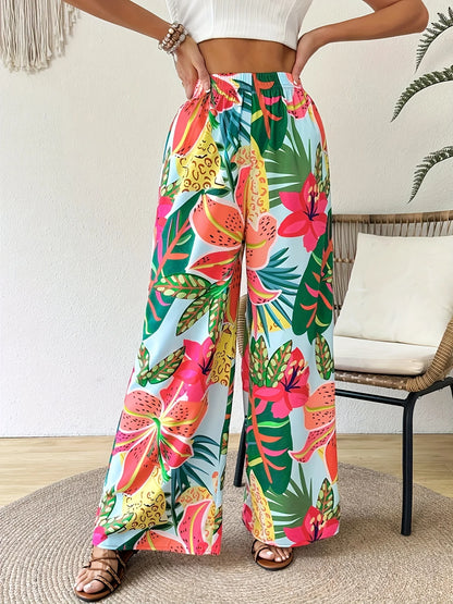 Women's Floral Tropical Wide Leg Pants Casual Comfortable Loose Fit Vacation Wear with Elastic Waist 2026