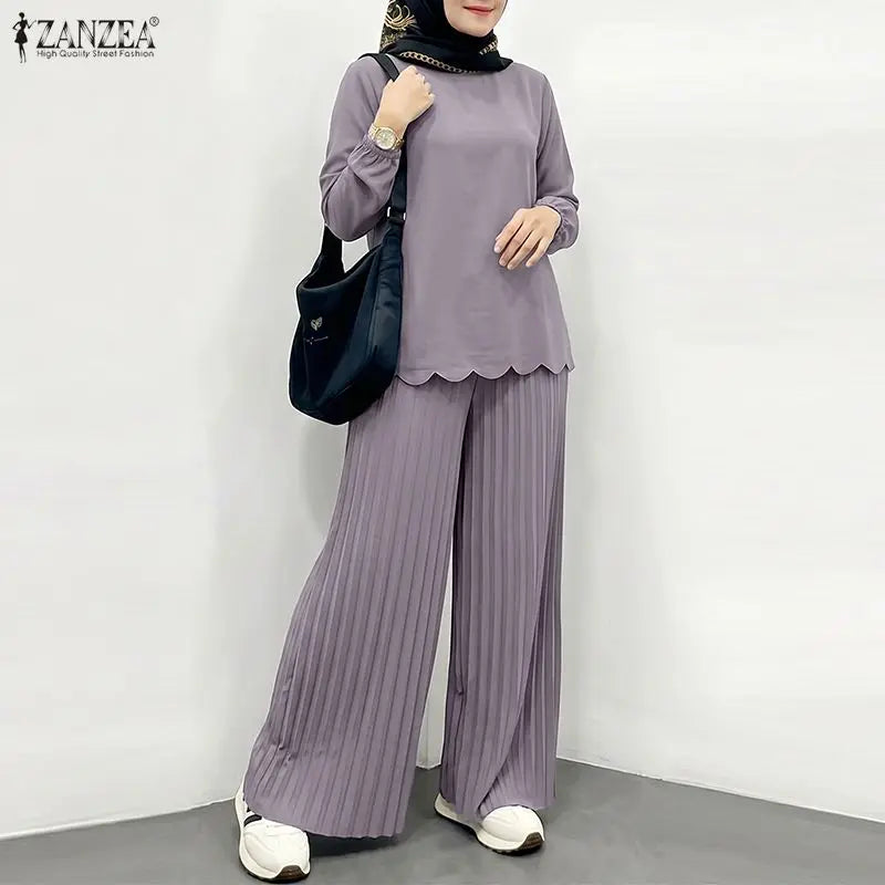 Ramadan Outfits Muslim 2 Pieces Sets Hijab Tracksuit ZANZEA Summer Women O Neck Long Sleeve Tops Pleated Pant Sets Eid Mubarek