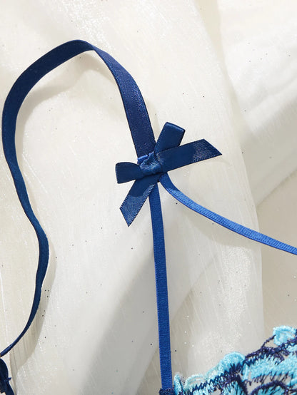 Vintage Blue Satin Lingerie Set Contrast Floral Embroidery Sheer Mesh Underwire Bra Adjustable Strap Thong Panties For Women