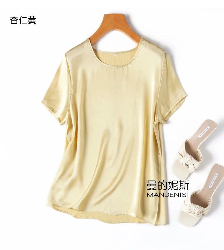 ZVAQS 100% Mulberry Silk T Shirts Woman Elegant Satin T Shirt 27 Colors High Quality Silk Summer Tops 2025 Women Clothing Топ