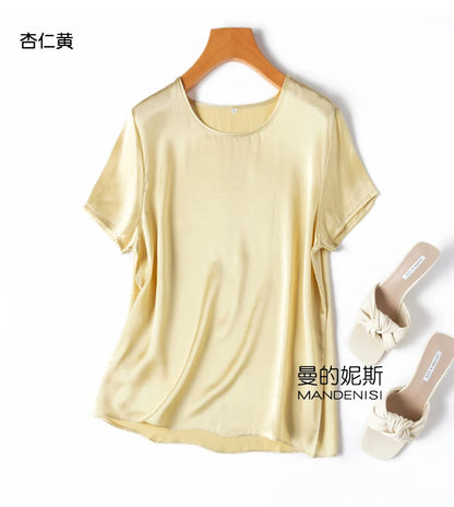 ZVAQS 100% Mulberry Silk T Shirts Woman Elegant Satin T Shirt 27 Colors High Quality Silk Summer Tops 2025 Women Clothing Топ