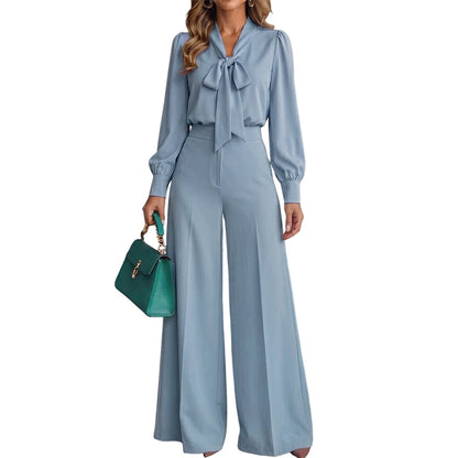 ZANZEA Women Elegant Chic Matching Pant Sets Tie Neck Long Sleeve Blouses & Wide Leg Pants 2pcs Suits Office Commute Wear Outfit