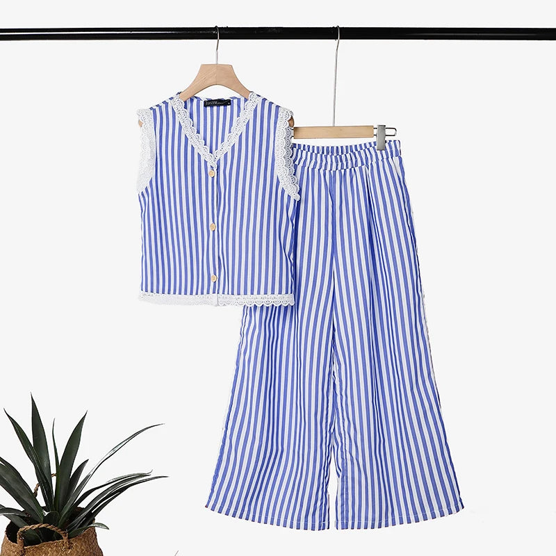 ZANZEA Summer Elegant V Neck Sleeveless Striped Lace Trim Blouse Pants Sets Women Outfits Casual OL Work Tracksuit 2 Pieces Sets
