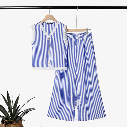 ZANZEA Summer Elegant V Neck Sleeveless Striped Lace Trim Blouse Pants Sets Women Outfits Casual OL Work Tracksuit 2 Pieces Sets
