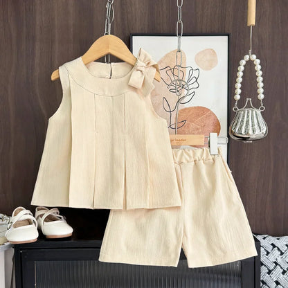 Korean Version Summer New Girls' Casual Suit Solid Color Round Neck Bow Pleated Vest Top+shorts Two-piece Set for Daily Wear