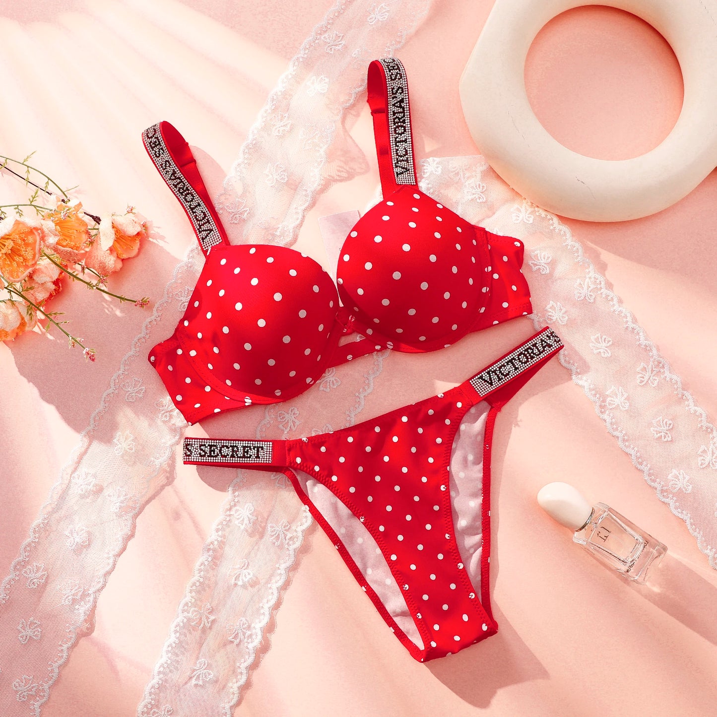 Victoria Secret Sexy Women Underwear Very Sexy Shine Script Polka Dot Push Up Bra Shine Script Thong Panty Set Hot