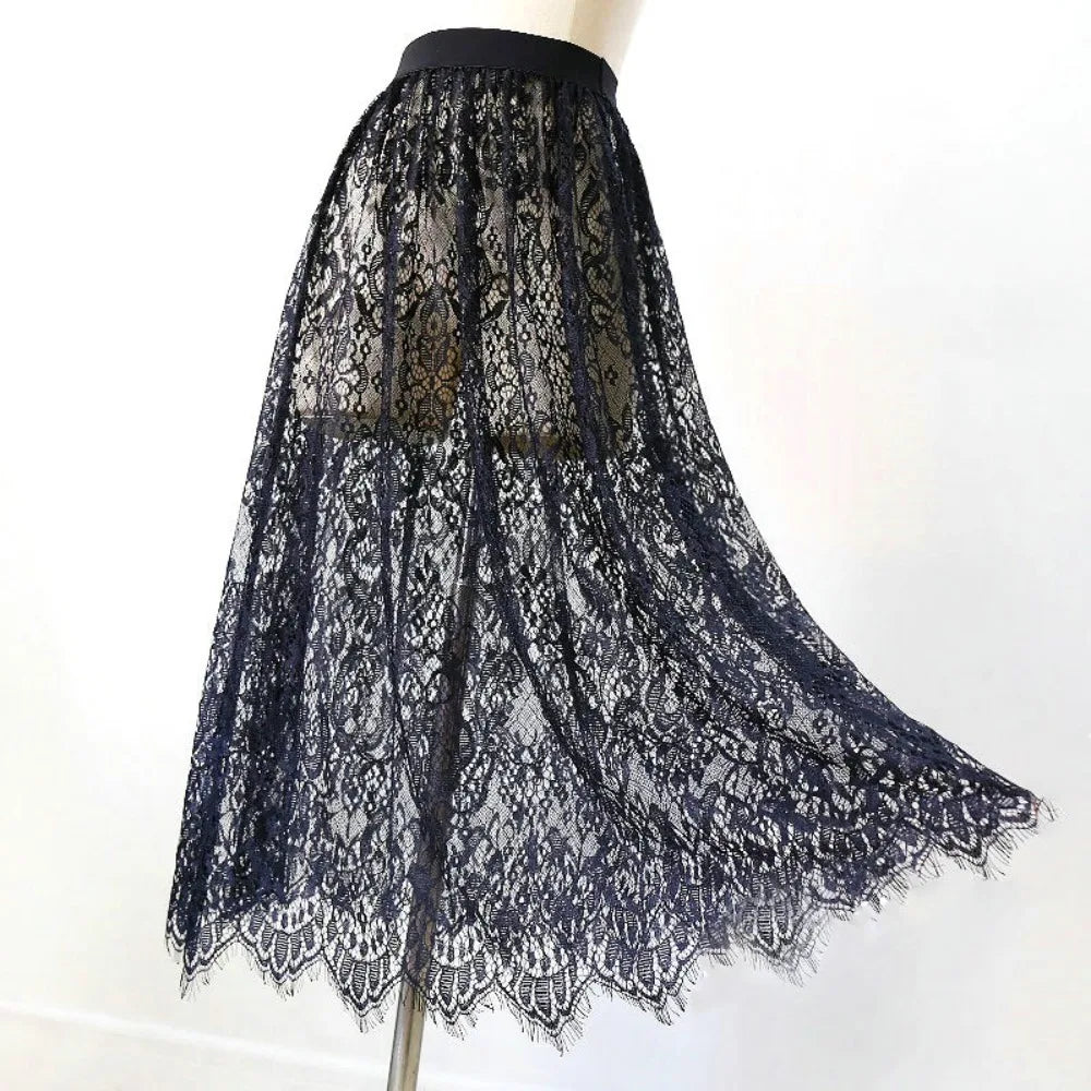 Fashion Transparent Sexy Lace Mesh Skirt Elegant Lace Long Tulle Skirt Ladies Elastic High Waist Womens Skirt Ladies