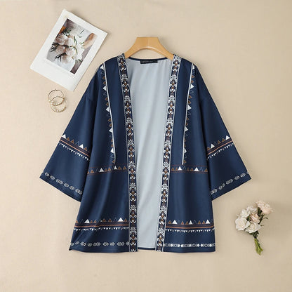 ZANZEA Women's Casual Ethnic Print Kimonos 3/4 Sleeves Open Front Long Cardigans Summer Bohemian Vacation Sunscreen Cover-Up