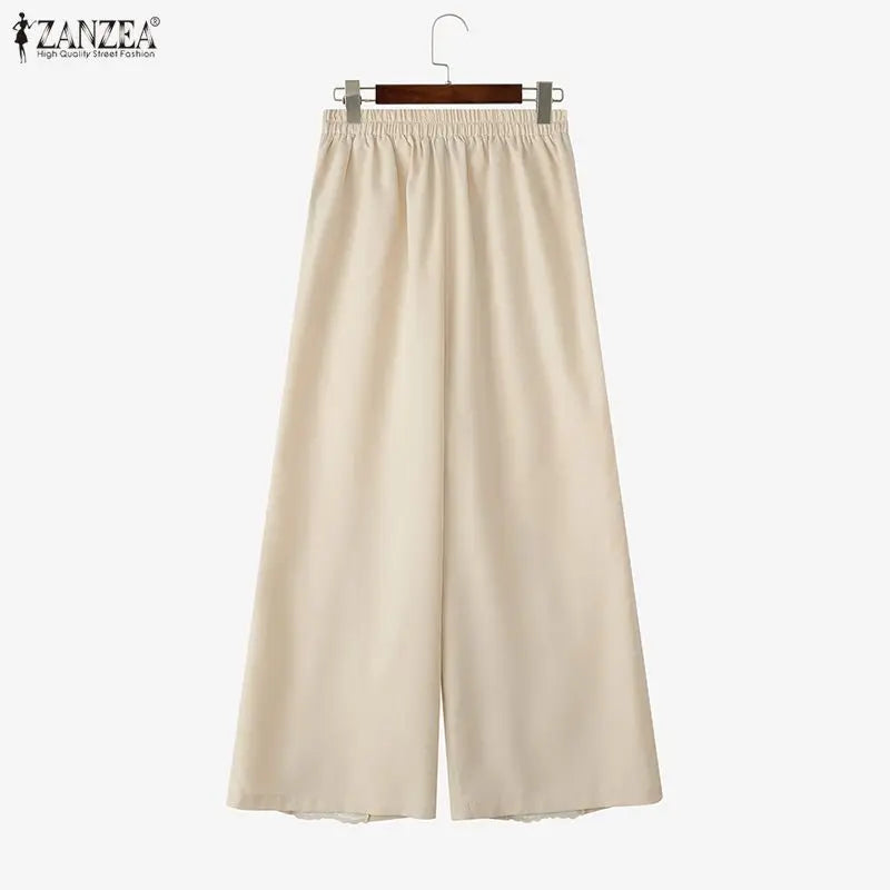 ZANZEA Women Wide Leg Pants Fashion Lace Patchwork Pant Casual Loose Long Trousers Elastic Waist Streetwear Oversized