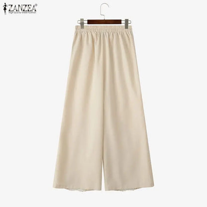 ZANZEA Women Wide Leg Pants Fashion Lace Patchwork Pant Casual Loose Long Trousers Elastic Waist Streetwear Oversized