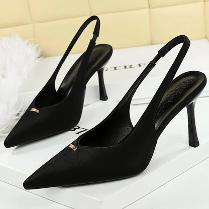 BIGTREE Shoes Sweet Metal Decoration Women Pumps Pointed High Heels Silks Satins Heeled Sandals Women Summer Shoes Stiletto 8 cm