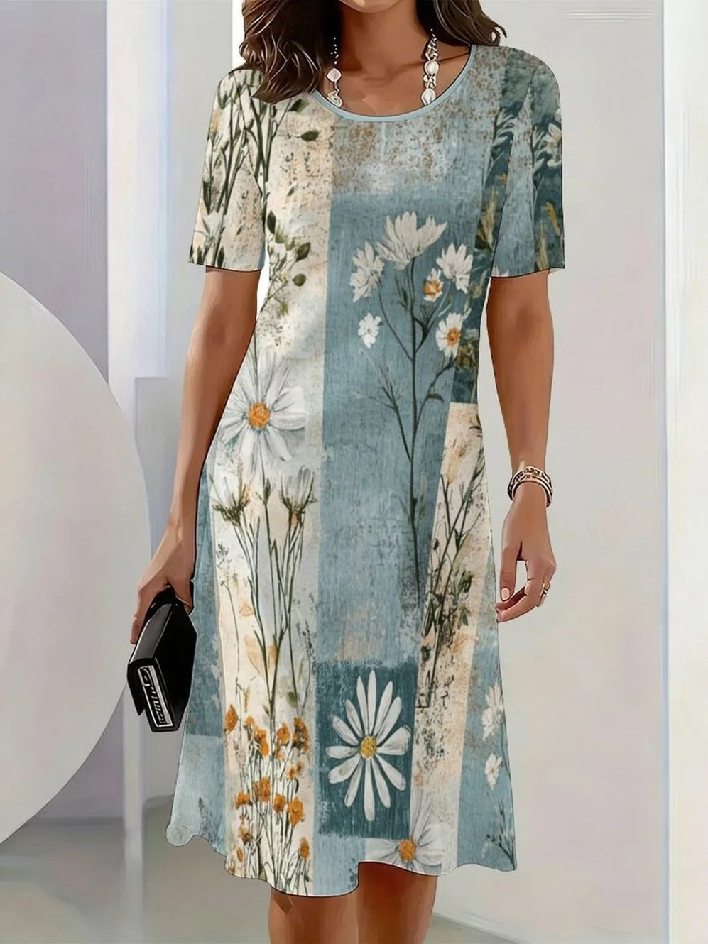 2026 New Elegant Floral Print Dresses for Women Round-Neck Short Sleeve Female Clothing Summer Travel Vacation Clothes for Woman