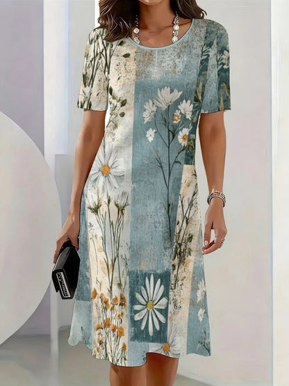 2026 New Elegant Floral Print Dresses for Women Round-Neck Short Sleeve Female Clothing Summer Travel Vacation Clothes for Woman