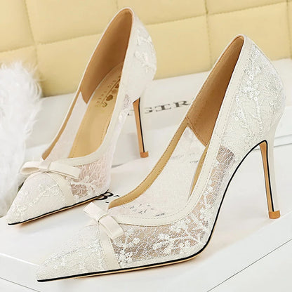BIGTREE Shoes Women 9.5 Cm Heels Lace Mesh Women Pumps Bowknot High Heels Stiletto Sexy Party Shoes Fashion Lady Wedding Shoes