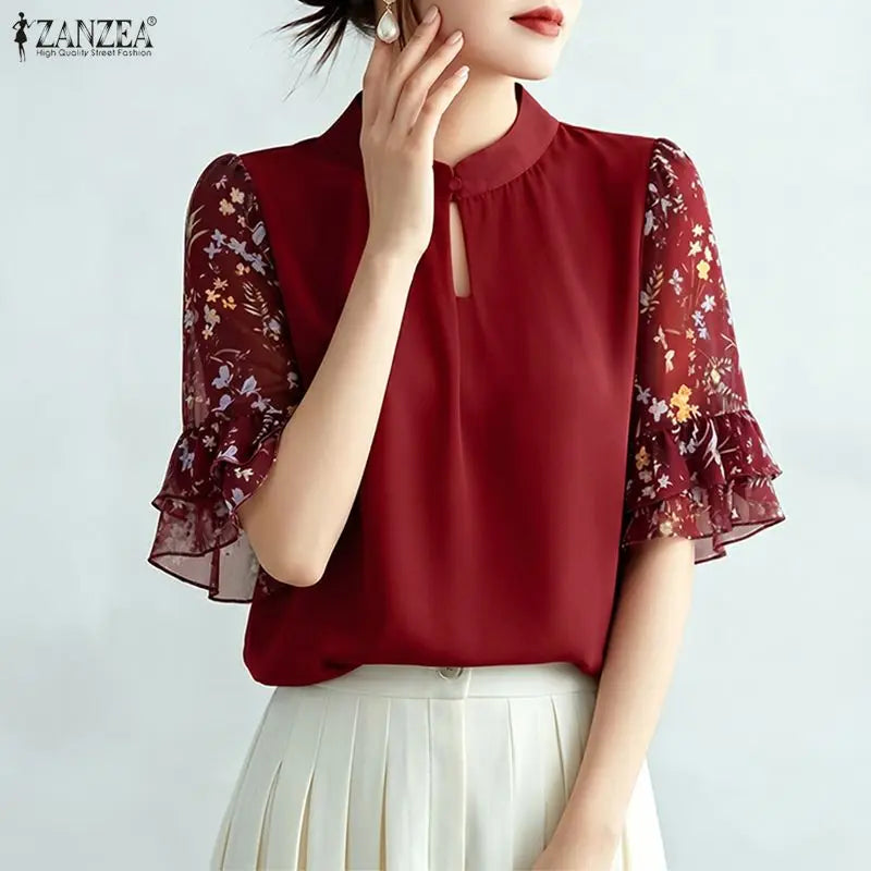 ZANZEA Women's Vintage Mandarin Collar Blouses Floral Chiffon Half Flare Sleeve Patchwork Tops Elegant Casual Blusas de Mujer