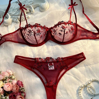 New Pink Transparent Bra Women Lingerie Set Ladies Embroidery Floral Bras Underwear Sets