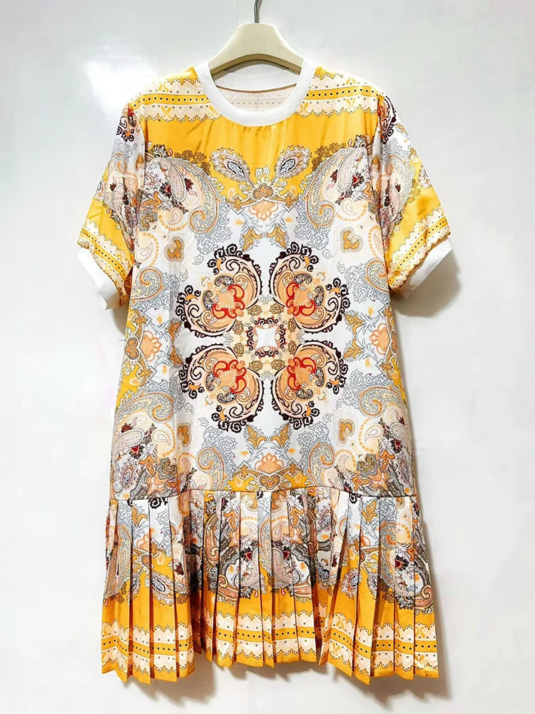 Retro geometric print round neck pullover dress 2026 summer women's T-shirt skirt fashionable loose oversized puffy skirt