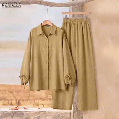 ZANZEA Women Twill Pant Sets Loose Lantern Sleeve Shirt & Elastic Waist Pant 2 Piece Sets 2026 Autumn Casual Daily Wear Co-ords