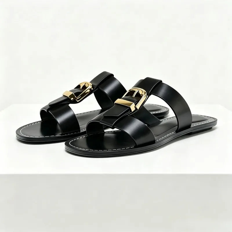 Punk Style Metal Buckle Decoration Flat Sandals Women Stitching Design Women Slippers Summer Comfortable Open Toe Slide Sandals