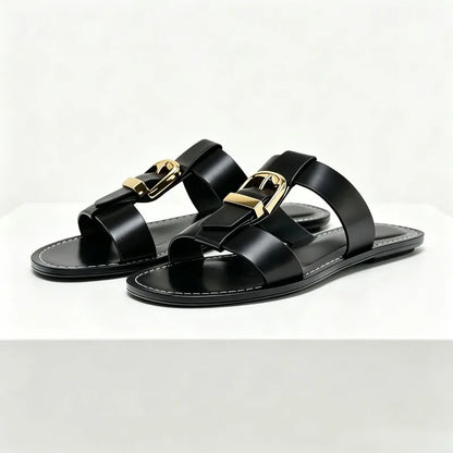 Punk Style Metal Buckle Decoration Flat Sandals Women Stitching Design Women Slippers Summer Comfortable Open Toe Slide Sandals