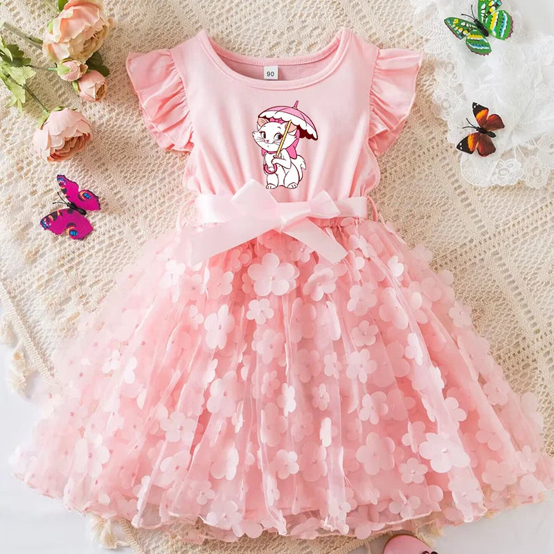 Marie Cat Girls Summer Dress Cartoon Bow Tutu Dress 3D Butterfly Cute Cotton Party Casual Dress for Baby 2-6 Years