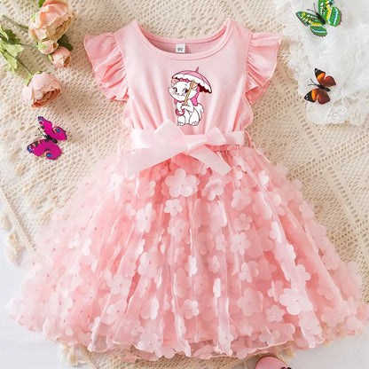 Marie Cat Girls Summer Dress Cartoon Bow Tutu Dress 3D Butterfly Cute Cotton Party Casual Dress for Baby 2-6 Years