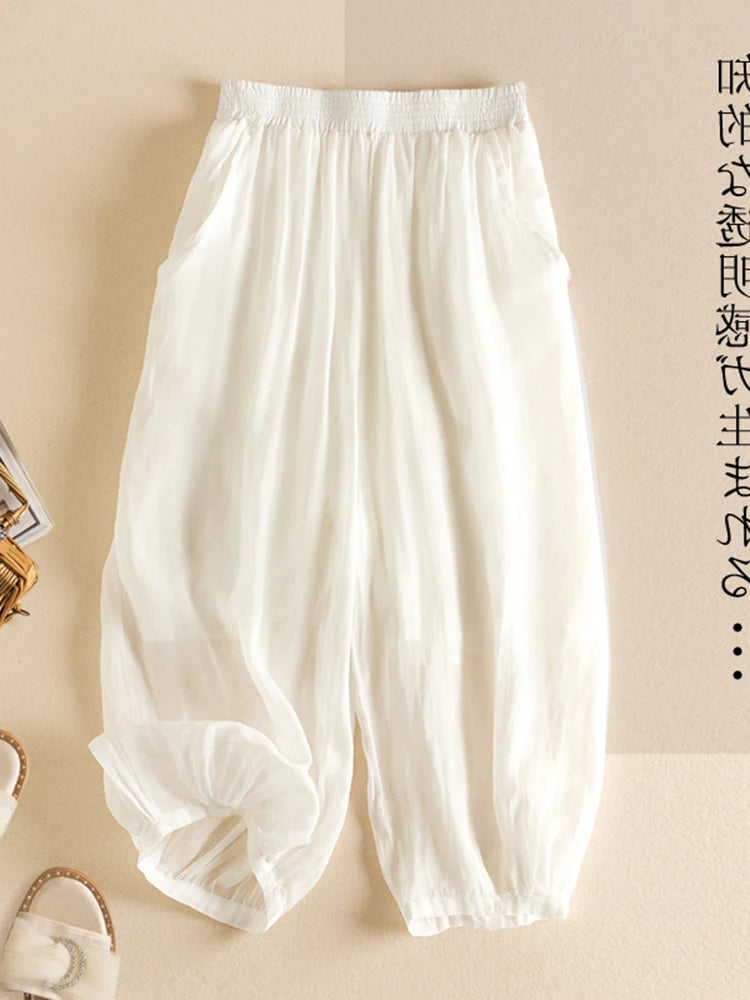 Summer Casual Cotton Linen Double Layer Lantern Pants Loose Elastic Waist Pure Color Wide Leg Harem Trousers for plus Size Women