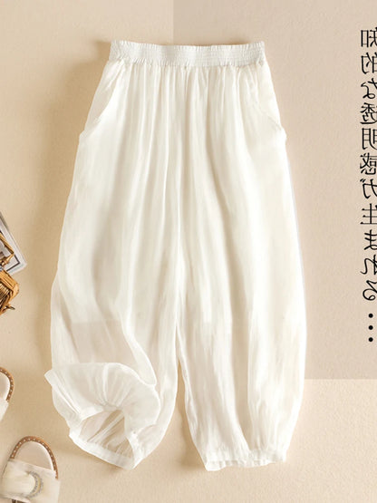 Summer Casual Cotton Linen Double Layer Lantern Pants Loose Elastic Waist Pure Color Wide Leg Harem Trousers for plus Size Women