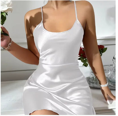 Summer Nightgowns Women's Ice Silk Satin Nightdress Sleepwear Elegant Cross-Back Solid Color Short Mini Dress Loungewear
