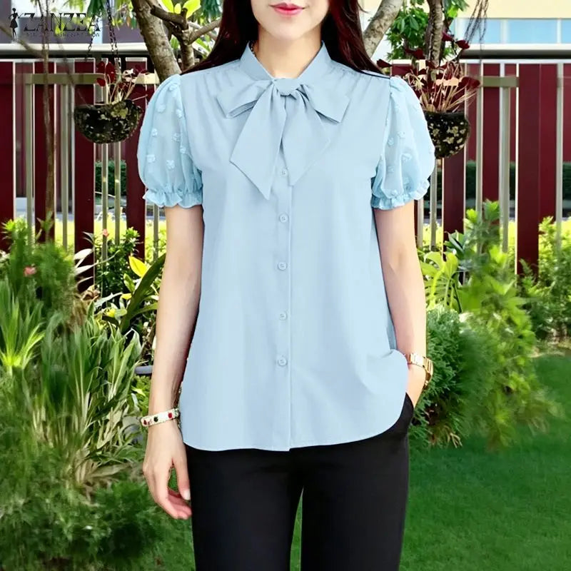 ZANZEA 2026 Summer Fil Coupe Shirts Women Elegant Tie-Neck Short Puff Sleeve Solid Color Button Up Tops Commute Work Camisas
