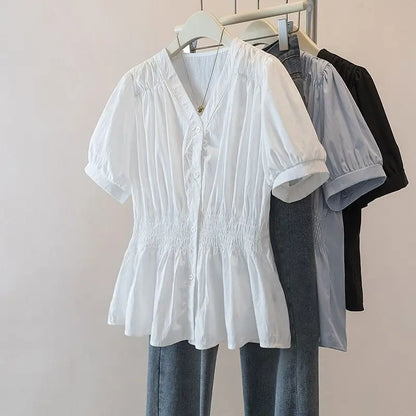 200 Pounds Plus Size Elastic Waist Office Lady Trend Shirt And Blouse Solid Color Top Women Clothing V-neck French Chic Basics