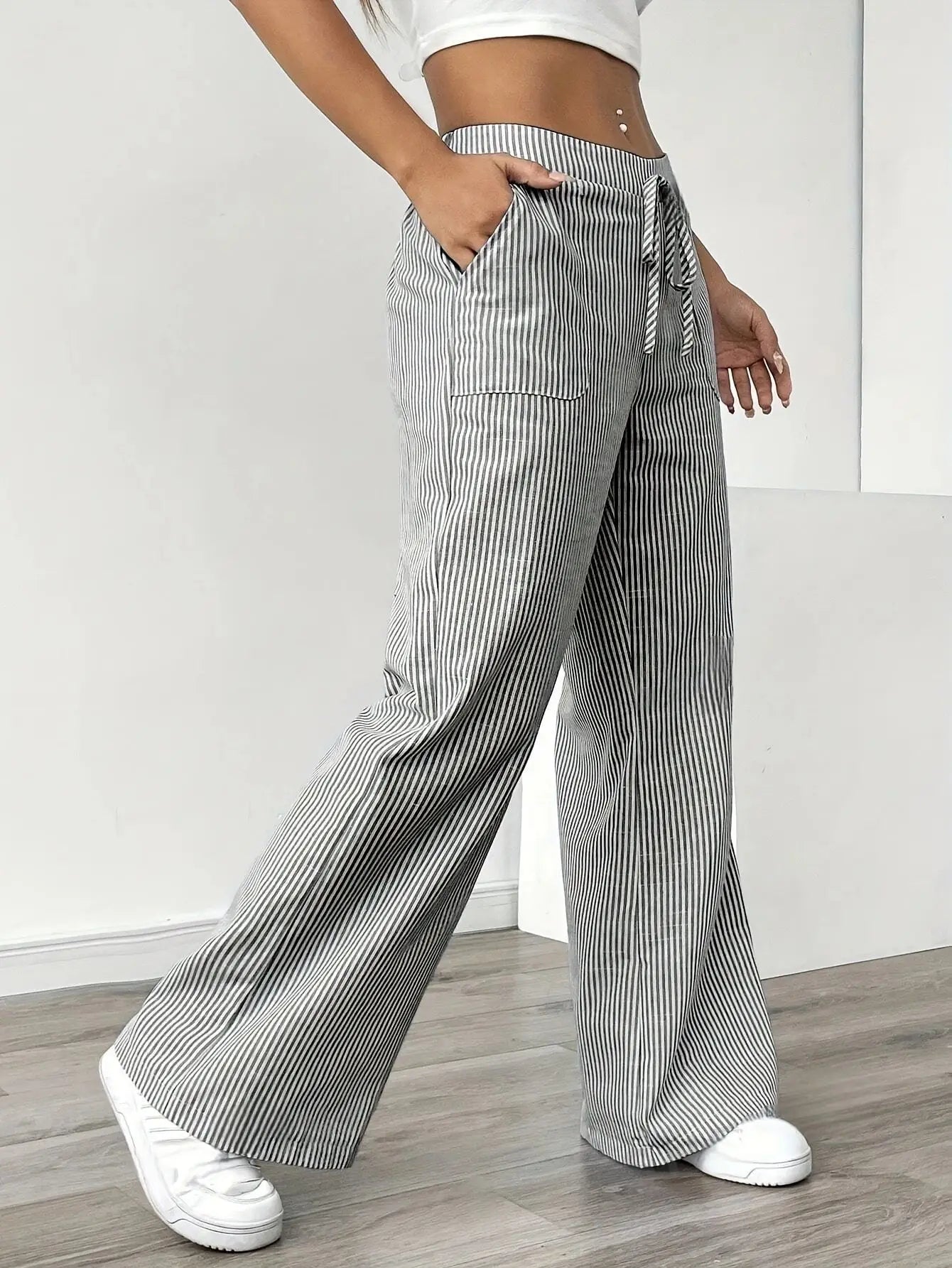 Summer new striped drawstring wide leg pants for women, high waisted, loose fit, slimming, casual straight leg, hanging pants
