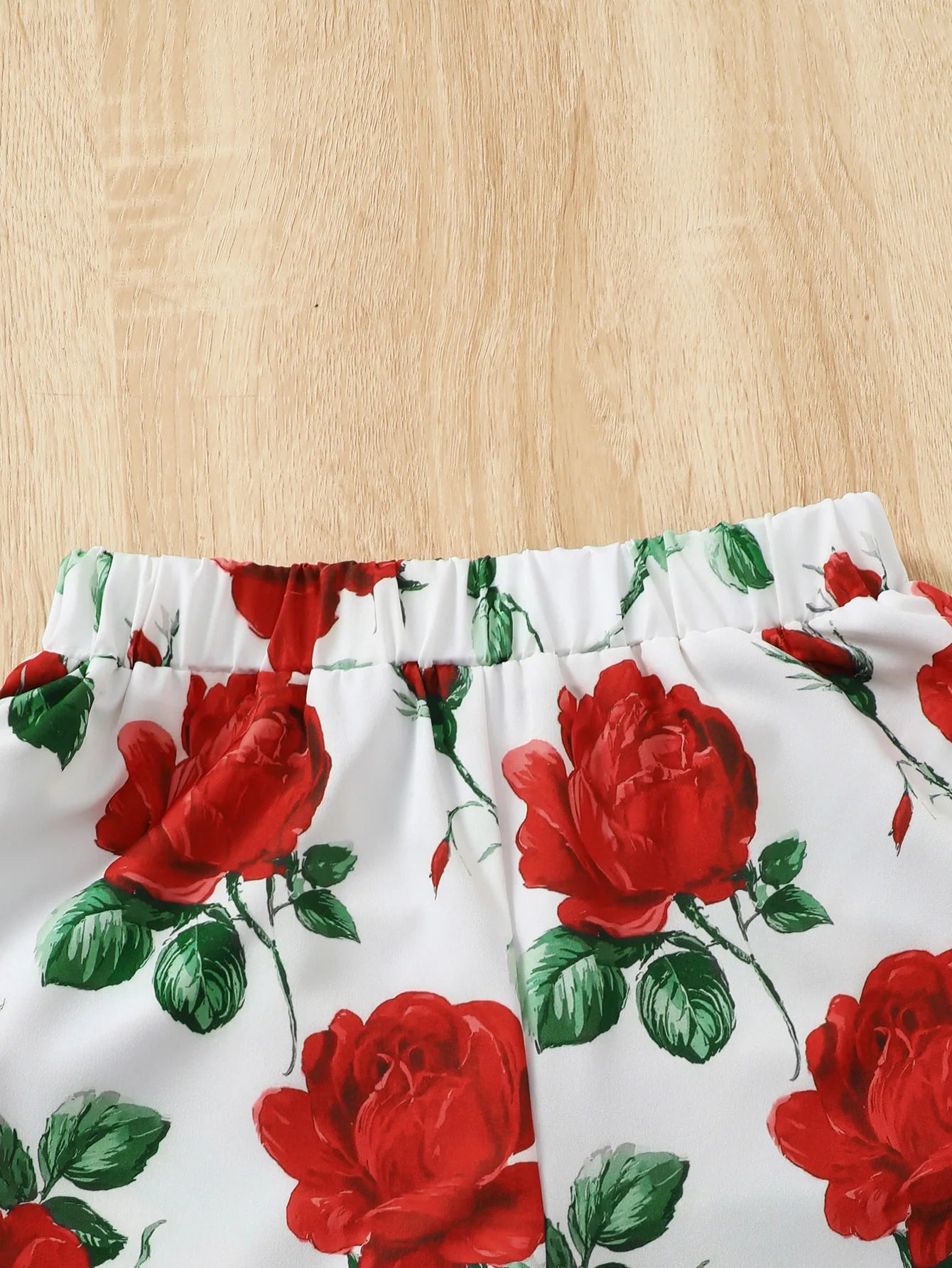 Girls' Summer Vacation Bohemian Red Short Top And Rose Floral Long Pants 2-Piece Set Casual Beachwear for Kids