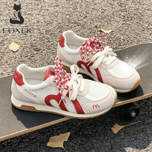 FOXER Retro Mesh Sneakers for Women Pig Split Leather Fashion Ladies Casual Running Shoes Daily Non Slip Walking Footwear